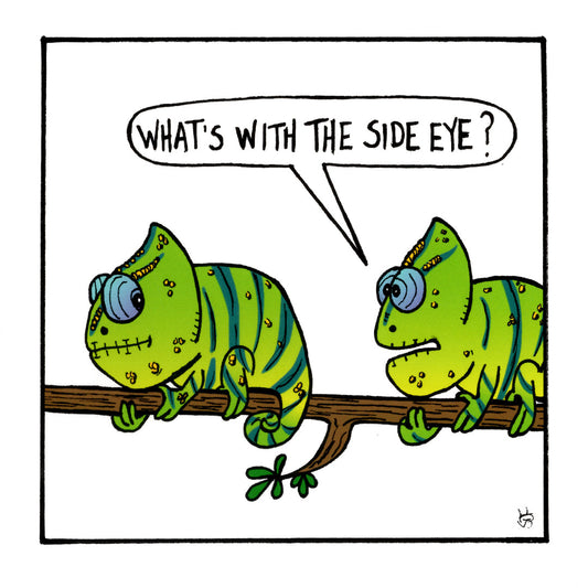 Side Eye funny birthday greeting card front design by comedian Stewart Francis