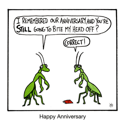 Anniversary - Mantis funny anniversary greeting card front design by comedian Stewart Francis