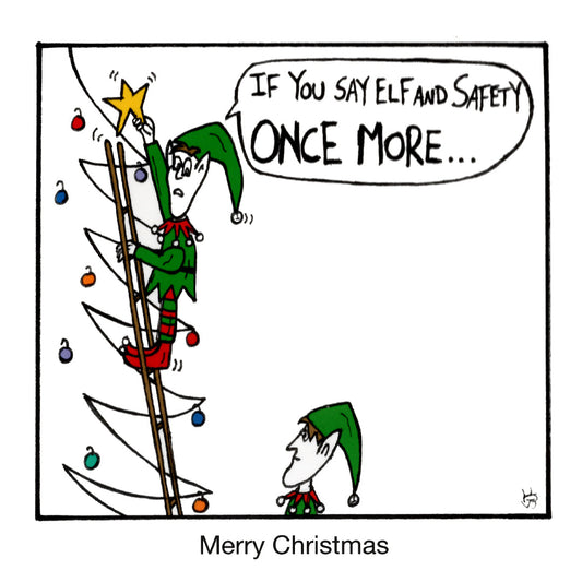 Christmas - Elf and Safety funny christmas greeting card front design by comedian Stewart Francis